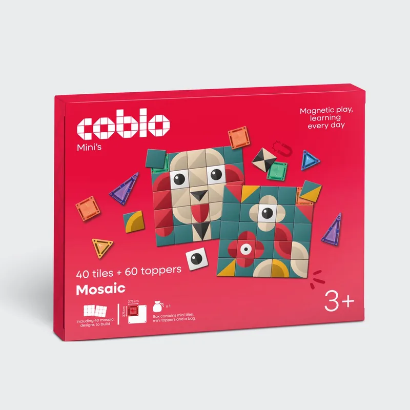 Mini Magnetic Tiles met Mini Mozaïek Toppers – 40 Mini Magnetische Tegels & 60 Mini Mozaïek Toppers – Magnetisch speelgoed – Vanaf 3 jaar by Coblo in Mozaïek – product photo