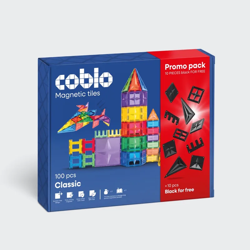 Promopack met 10 GRATIS zwarte magnetische tegels – Magnetic Tiles - Classic 100 stuks & 10 GRATIS zwarte tegels – Vanaf 3 jaar by Coblo in Multi Classic – product photo