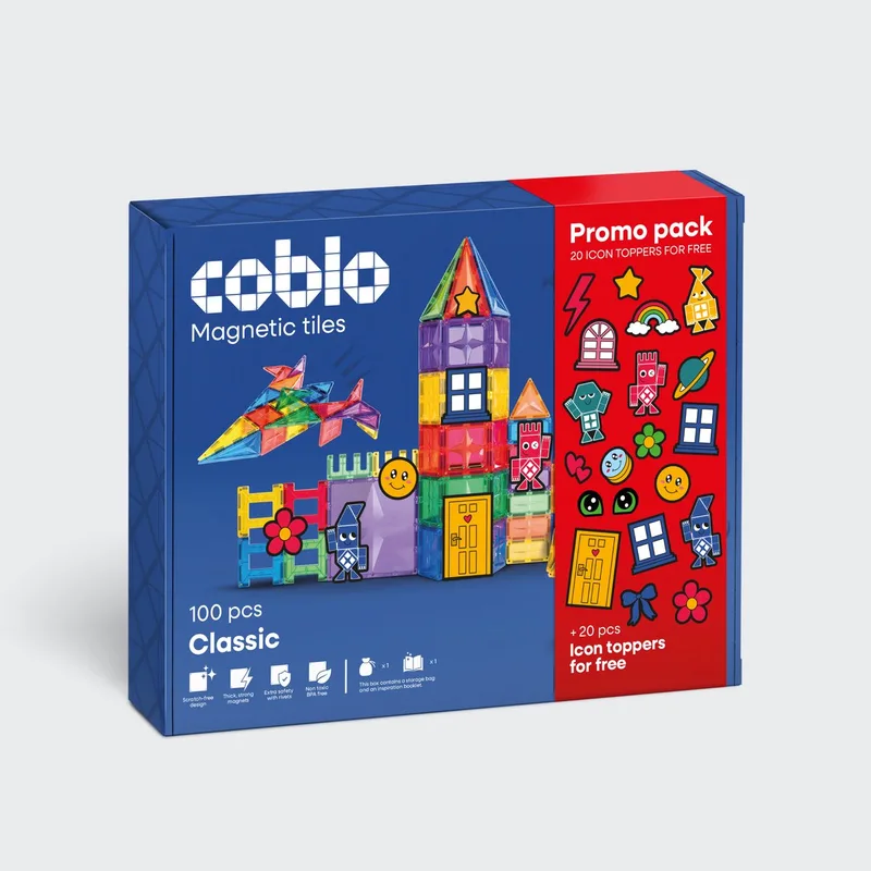 Promopack met 20 GRATIS Icoon Toppers – Magnetic Tiles - Classic 100 stuks & 20 GRATIS Icoon Toppers – Magnetische Tegels – Vanaf 3 jaar by Coblo in Multi Classic – product photo