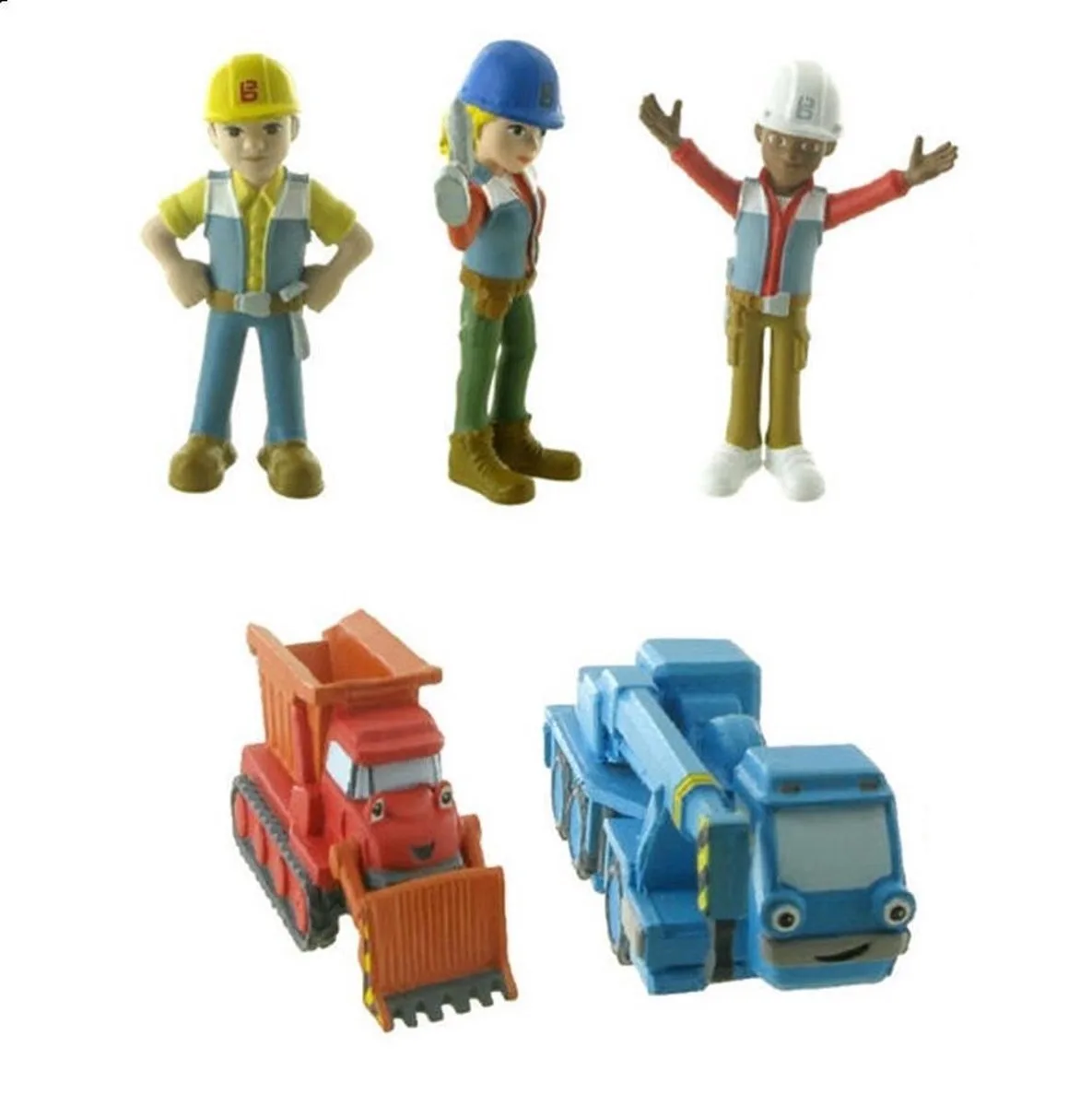 Speelset Bob de Bouwer met oa Bob, Wendy & Leo - 7 cm (Let op: Wielen bewegen niet) fra Comansi i Gul – produktbillede