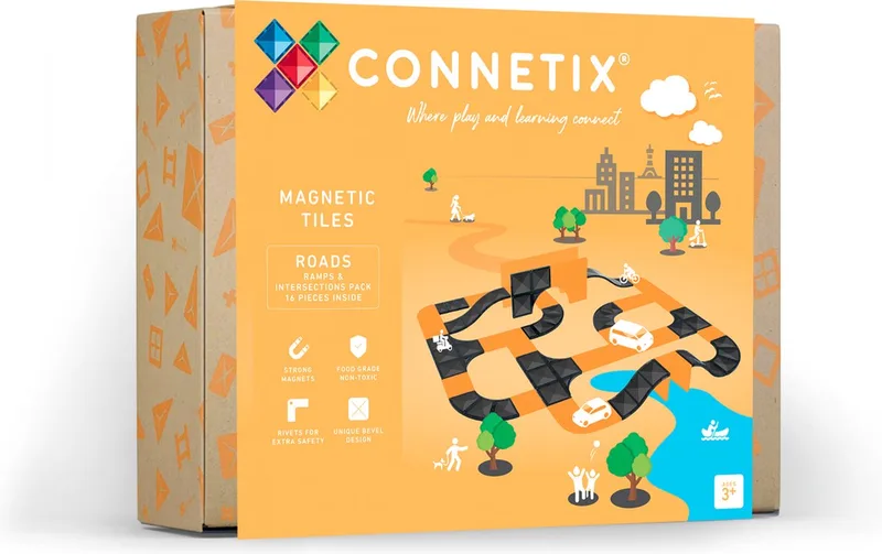 Magnetisch Tegels - Wegen Hellingen en Kruispunten Verpakking - 16 Stuks - Magnetisch Speelgoed de Connetix en Zwart – photo du produit