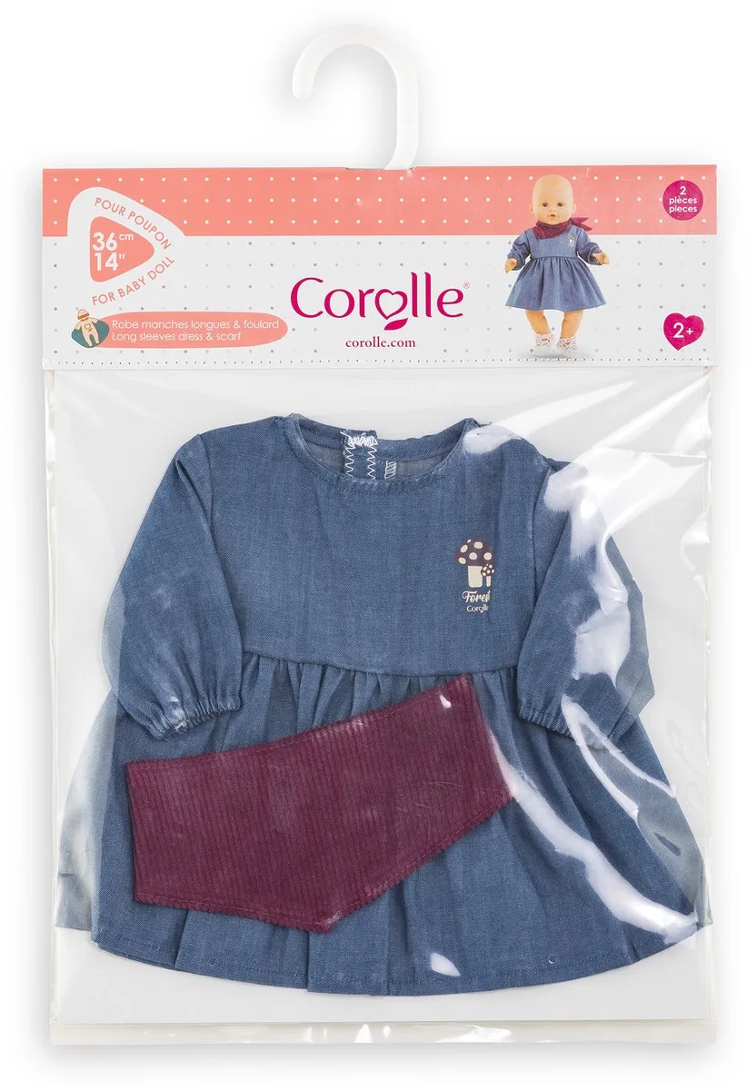 poppen jeansjurk met sjaal - babypop kleding 36cm denim. de Corolle en Multicolore – photo du produit