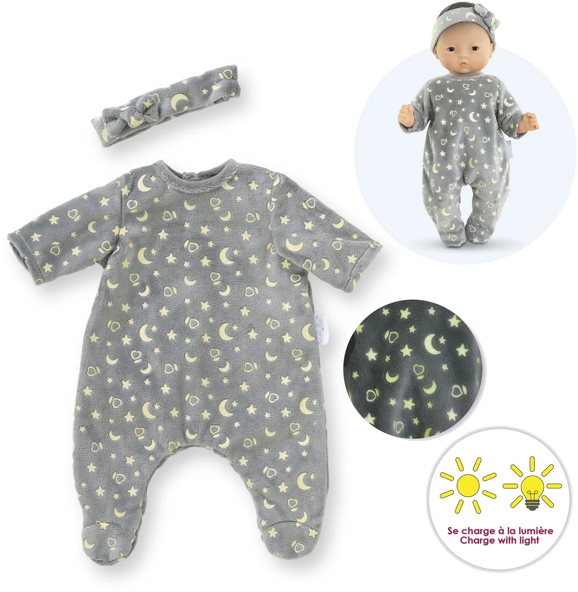 poppen pyjama en hoofdband 30cm - glow in the dark babypop kleding. de Corolle en Multicolore – photo du produit