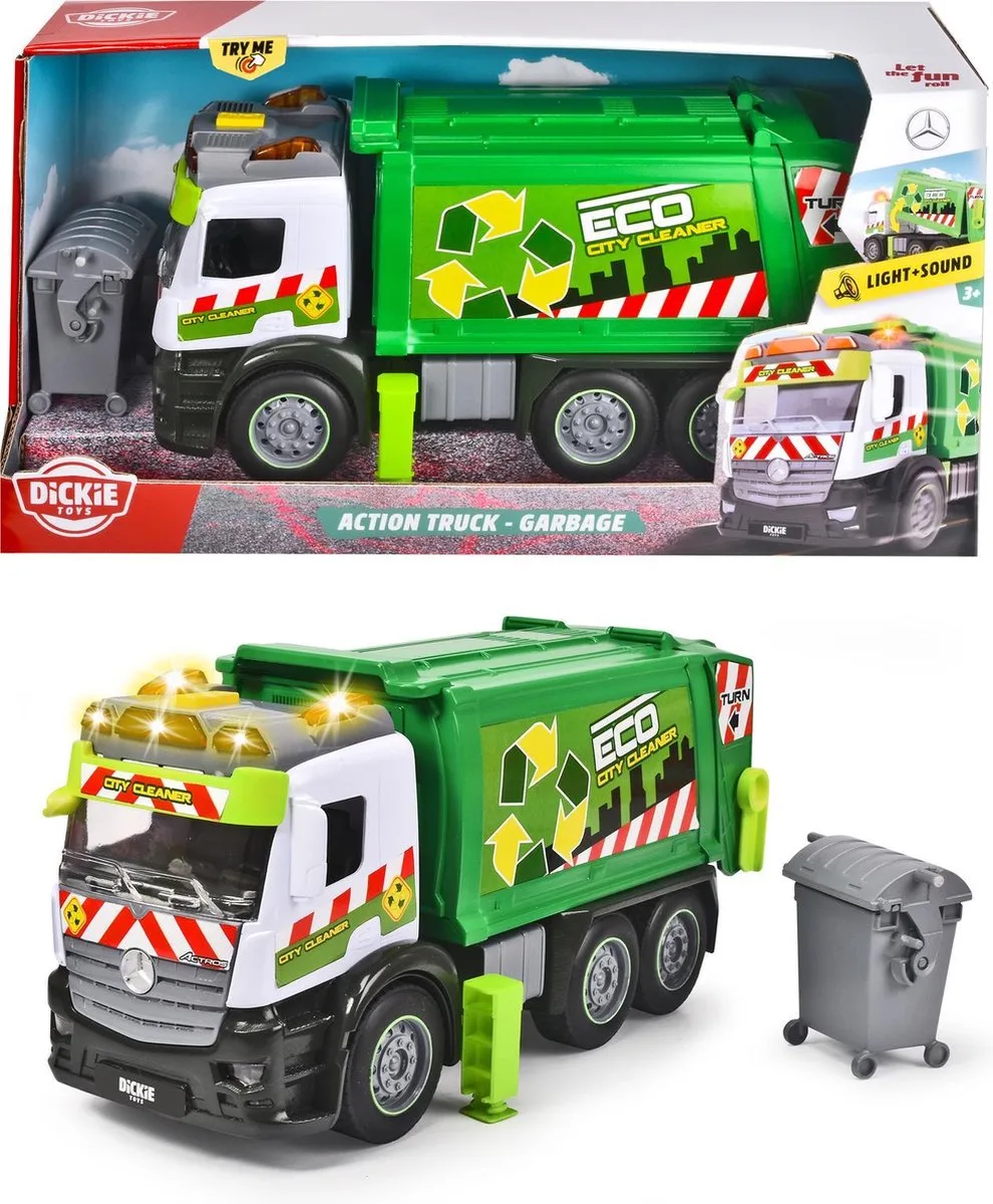 Action Truck - Vuilniswagen - 26 cm - licht en geluid - Speelgoedvoertuig fra Dickie Toys i Grøn – produktbillede