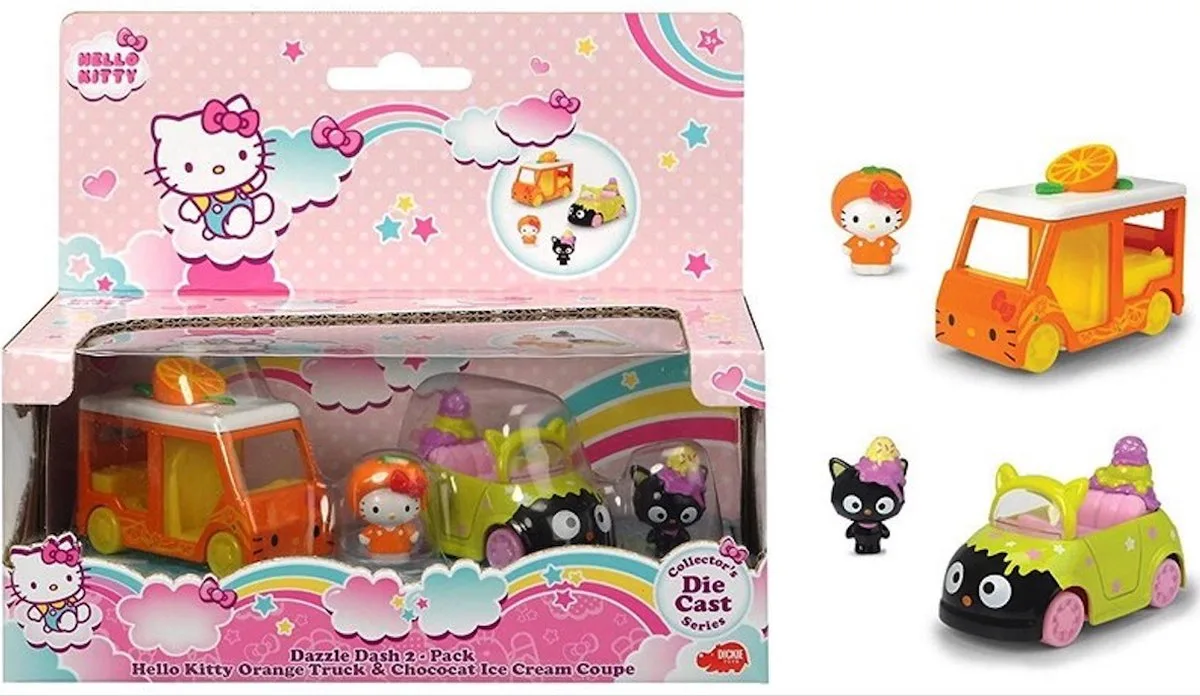 Hello Kitty speelset 2-pack Orange Truck & Chococat Ice Cream Coupe 15 x 18 cm van Dickie Toys in Roze, Groen, Geel, Oranje – productfoto