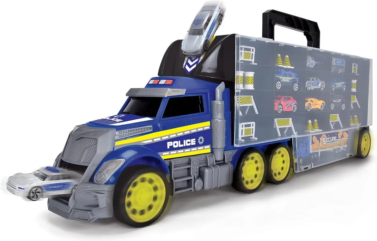 Politie Transporter - speelgoed politie vrachtwagen incl. 9 auto's, voor het opbergen van 42 speelgoedauto's, incl. accessoires, met oprijplaat, politieauto voor kinderen vanaf 3 jaar de Dickie Toys en Bleu – photo du produit