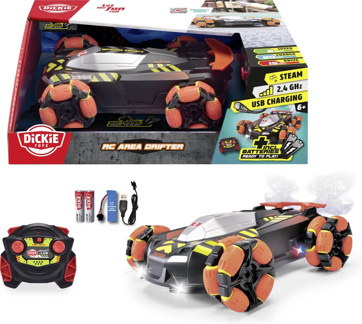 Rc Area Drifter - Racewagen - Licht - Rookfunctie - Driftfunctie - Vanaf 6 jaar från Dickie Toys i Svart – produktbild