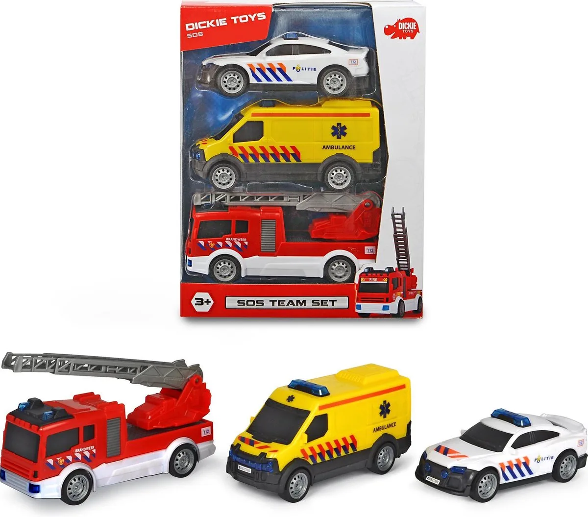 SOS Team Set Nederlandse Reddingsdiensten - Politie - Brandweer - Ambulance - Vanaf 3 jaar - Speelgoedvoertuig fra Dickie Toys i Nederland – produktbillede