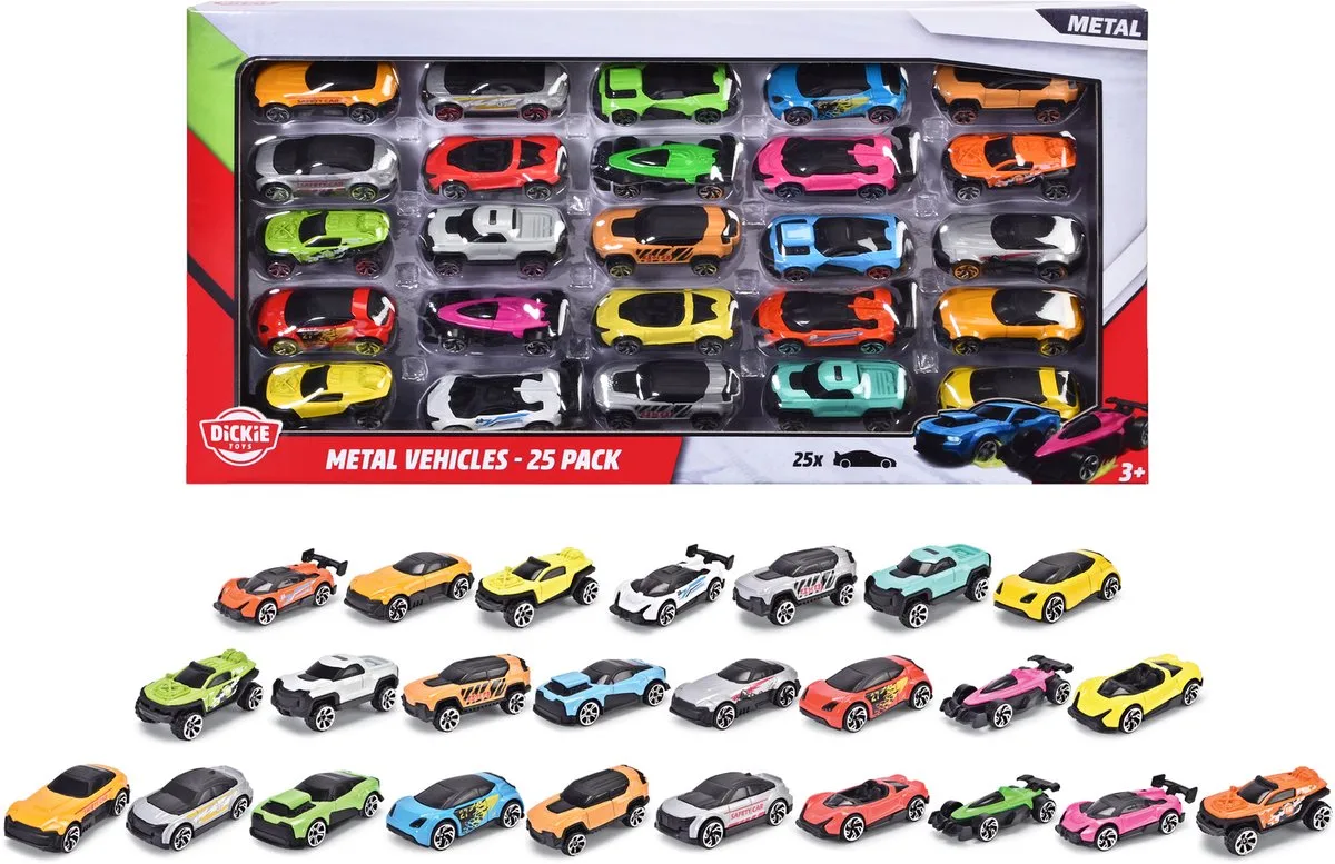 Speelgoedvoertuigen superpack van 25 miniatuurauto's 7cm van Dickie Toys – productfoto