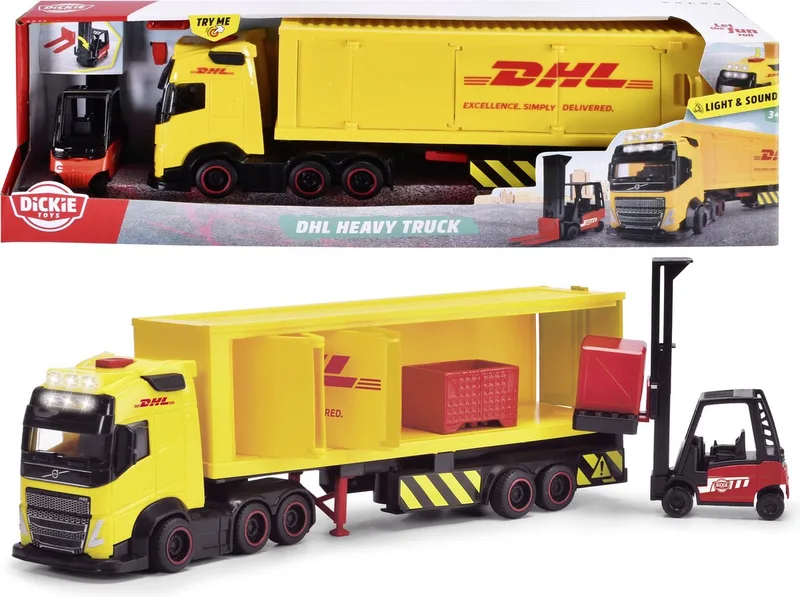 Vrachtwagen Volvo DHL truck - Heftruck de Dickie Toys en Jaune – photo du produit