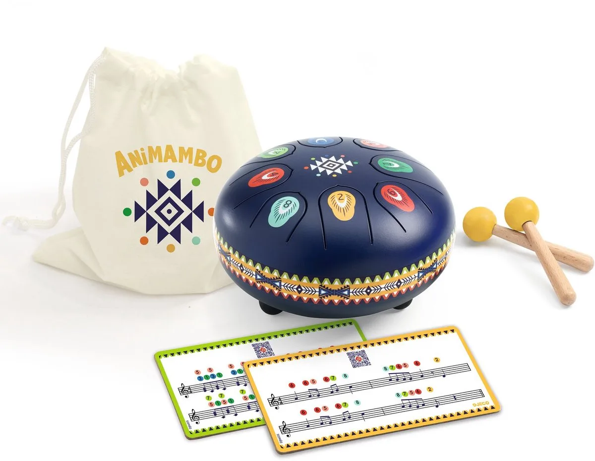 Eteryche Tongen Drum - Stalen Instrument - 8 Tongen - Inclusief Stokken en Kaarten från Djeco i Flerfärgad – produktbild