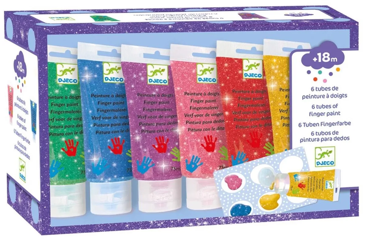 kleuren 6 tubes of finger paint - Glitter de Djeco en Bleu, Vert, Rose, Rouge, Violet, Jaune – photo du produit