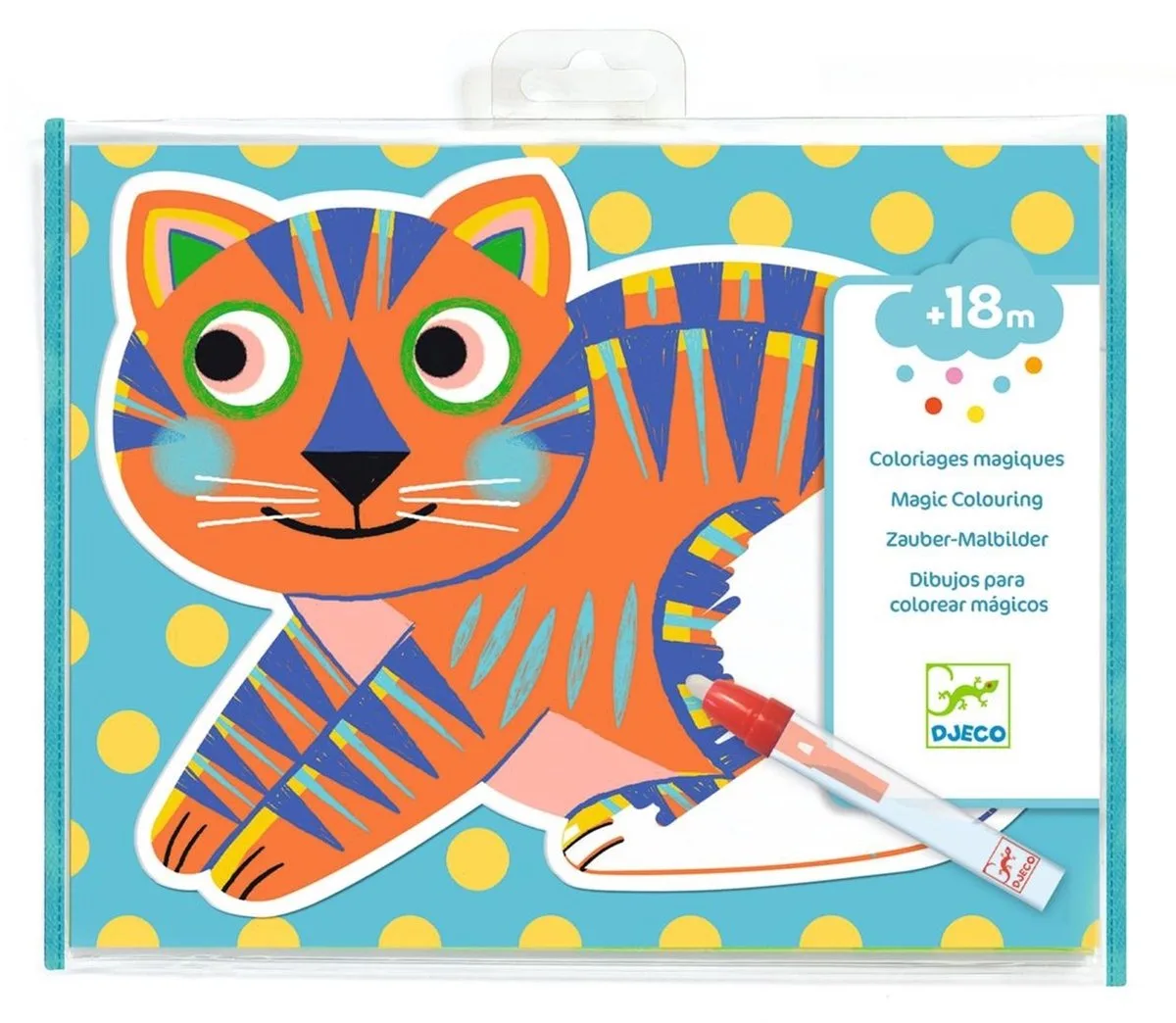 Kleuren met water, geschikt voor kinderen vanaf 18 maanden. Het kind kleurt de dieren in met de waterpen en ontdekt wat er verborgen zit achter de witte zones. Magisch: er verschijnen patronen die van kleur veranderen! Wanneer de kleurplankjes droog van Djeco in Meerkleurig – productfoto