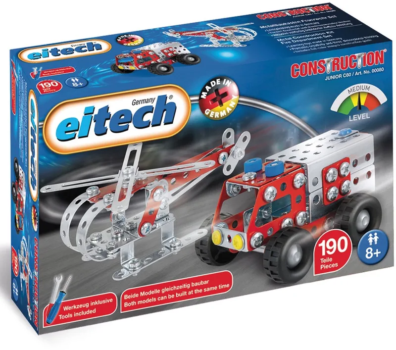 Bouwdoos – Brandweerauto en Reddingshelikopter – 190-delig – Metalen Bouwpakket met Gereedschap – Constructiespeelgoed – Vanaf 8 Jaar by Eitech in Brandweerauto en Reddingshelikopter – 190-delig – product photo