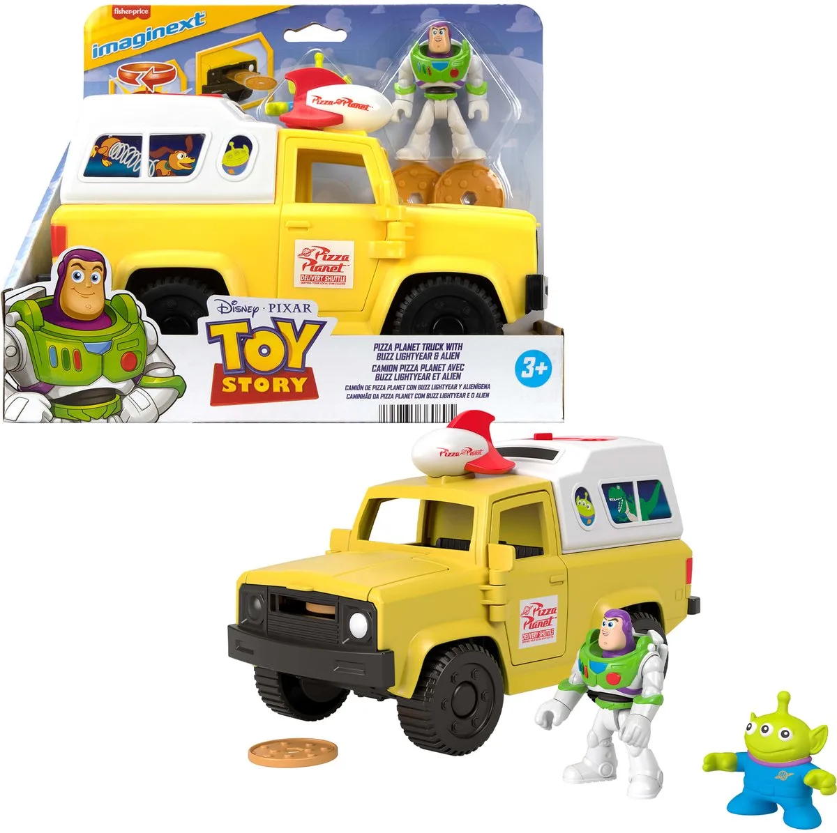 Imaginext Toy Story Pizza Planet Truck with Buzz Lightyear Alien Playset von Fisher-Price in Weiß, Gelb – Produktfoto