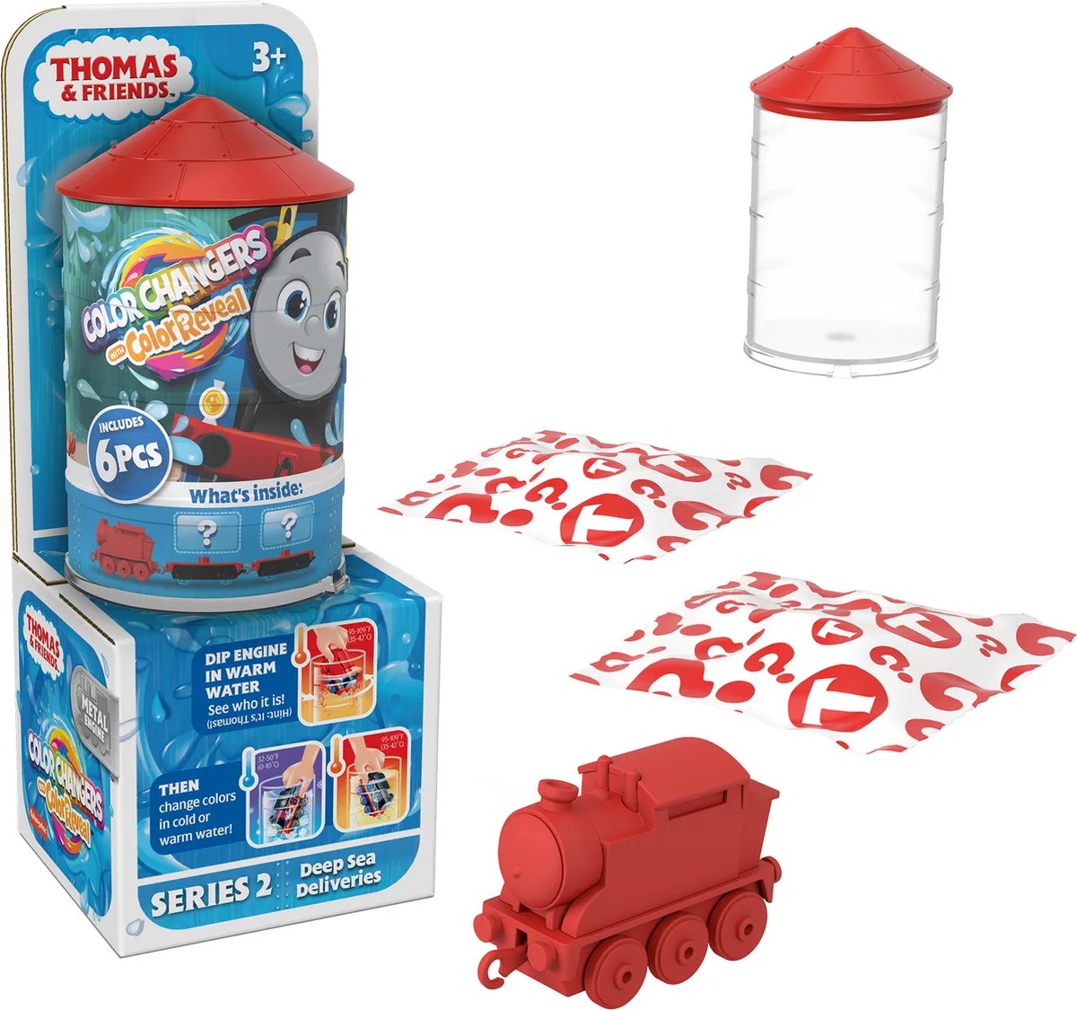 Thomas de Stoomlocomotief, Mysterieuze Speelgoedtreinen, collectie Color Reveal locomotieven en verrassende ladingen fra Fisher-Price i Flerfarvet – produktbillede