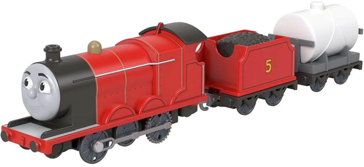 Thomas de Trein klassieke James met ketelwagen - gemotoriseerde trein van Fisher-Price in Rood – productfoto