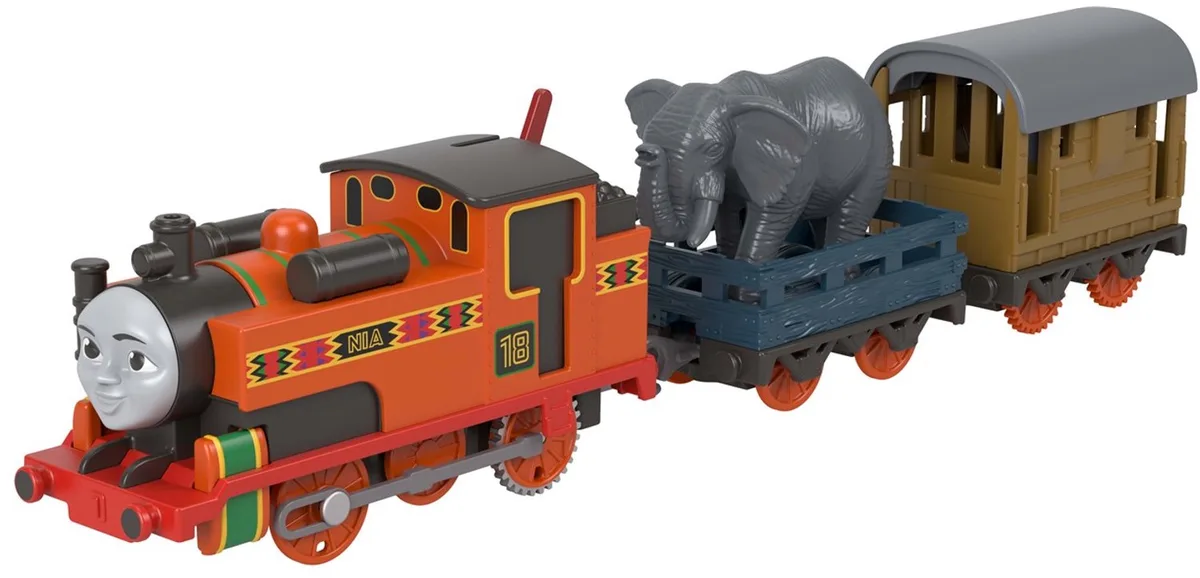Thomas de Trein klassieke Nia met leisteenwagen - gemotoriseerde trein fra Fisher-Price i Blå – produktbillede