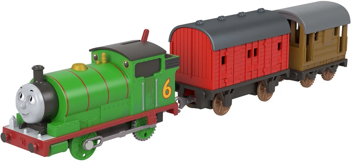 Thomas de Trein klassieke Percy met postwagen - gemotoriseerde trein fra Fisher-Price i Rød – produktbillede