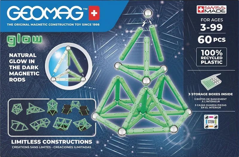 Classic Glow Recycled - Gloeiende Magnetische Bouwset - 60-delig - Vanaf 3 jaar de Geomag en Multikleur – photo du produit
