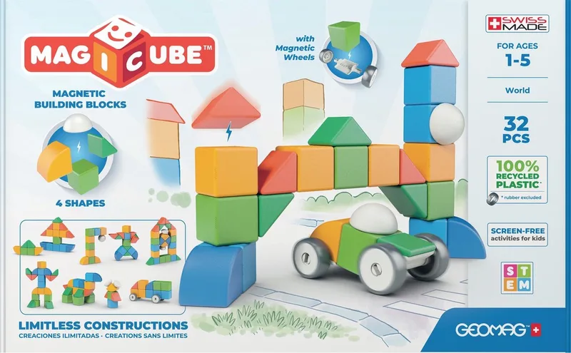 MagiCube 4 Vormen Blokken Wereld Recycled - Magnetische Bouwblokken - 32-delig - Vanaf 3 jaar de Geomag en Lichtgroen – photo du produit