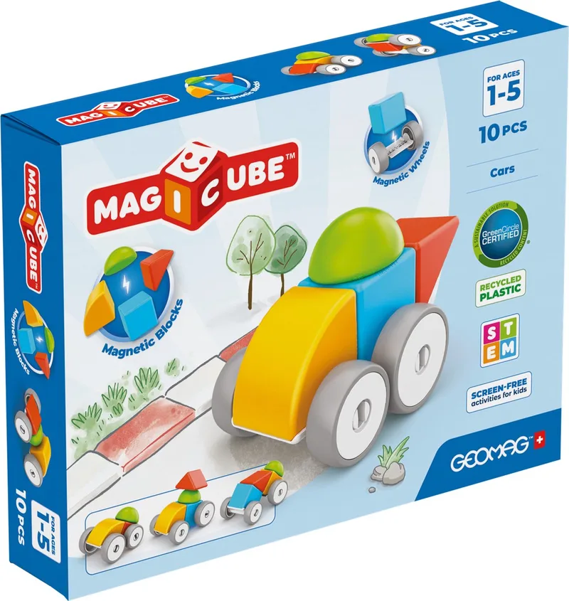 MagiCube Blokken Auto's Recycled - Magnetische Bouwblokken - 10-delig - Vanaf 1 jaar by Geomag in Multikleur – product photo