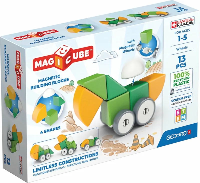 MagiCube Recycled Vormen Wielen - Magnetische Bouwblokken - 13-delig - Vanaf 4 jaar van Geomag in Lichtgroen – productfoto