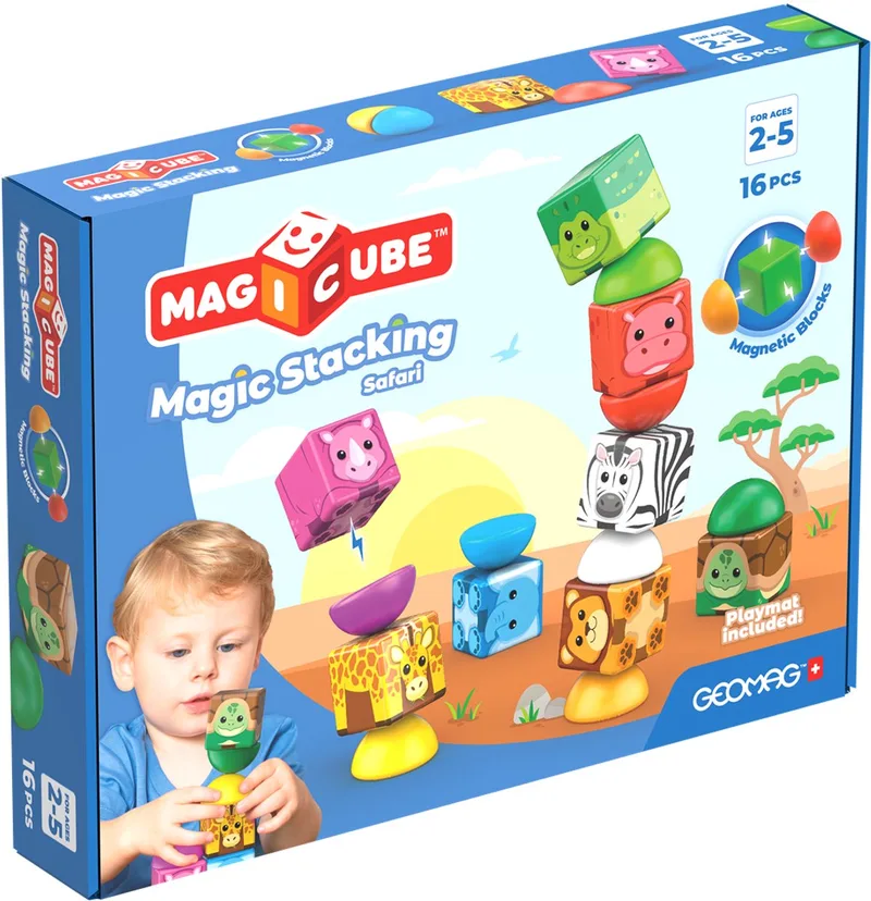 MagiCube Stacking Safari - Magnetische Stapelblokken voor Peuters - 16-delig - Vanaf 2 jaar by Geomag in Multikleur – product photo