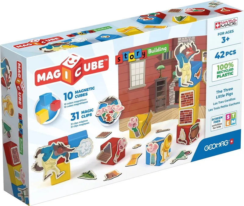 MagiCube Story Building Drie Kleine Biggetjes - Magnetisch Speelgoed - 42-delig - Vanaf 3 jaar by Geomag in Multikleur – product photo