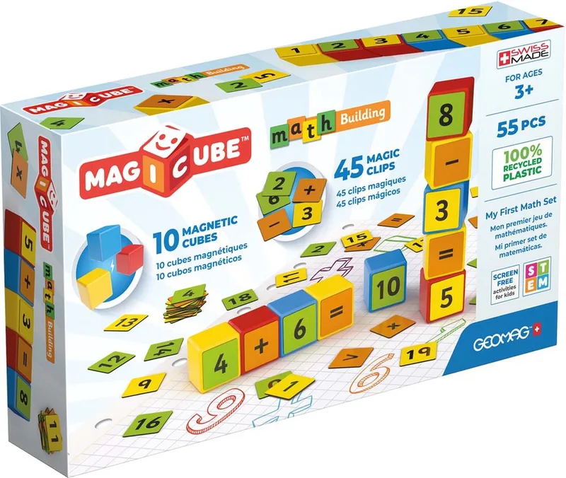 MagiCube Wiskunde Bouw Recycled - Magnetische STEM Bouwblokken - 55-delig - Vanaf 3 jaar de Geomag en Multikleur – photo du produit