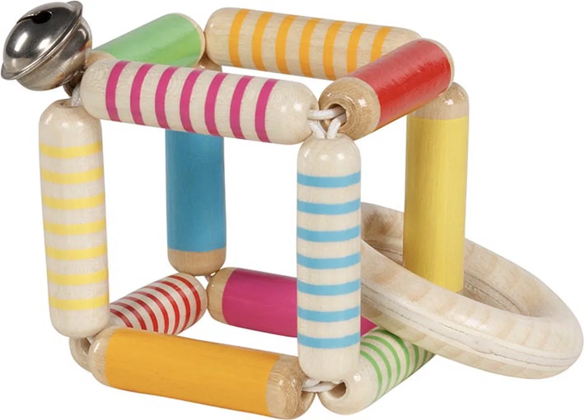 Baby Bijtring: KUBUS 5,7x5,7x5,7cm, met elastiek, hout van Goki in Meerkleurig – productfoto
