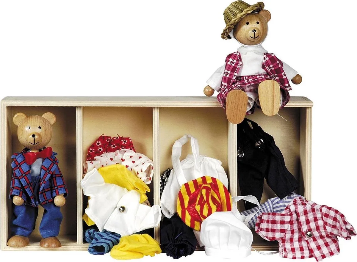 Buigpopjes - Garderobe Voor Beren - Met 2 Buigpopjes - 8 Outfits - In Houten Kistje van Goki in Meerkleurig – productfoto