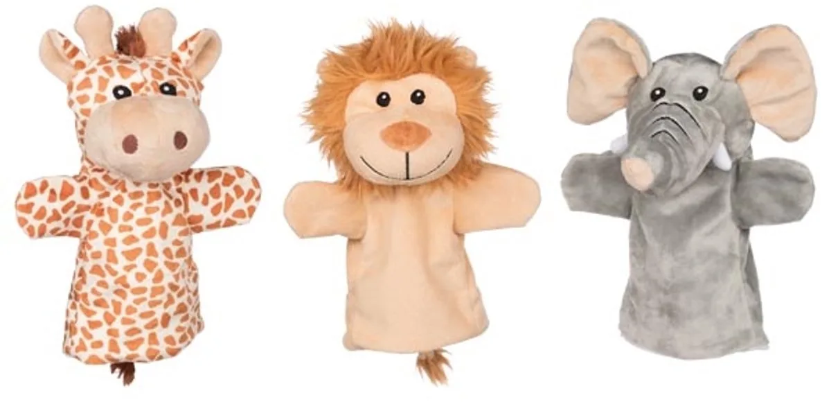 Handpoppen - Set van 3 - Giraffe, Leeuw & Olifant de Goki en Beige – photo du produit