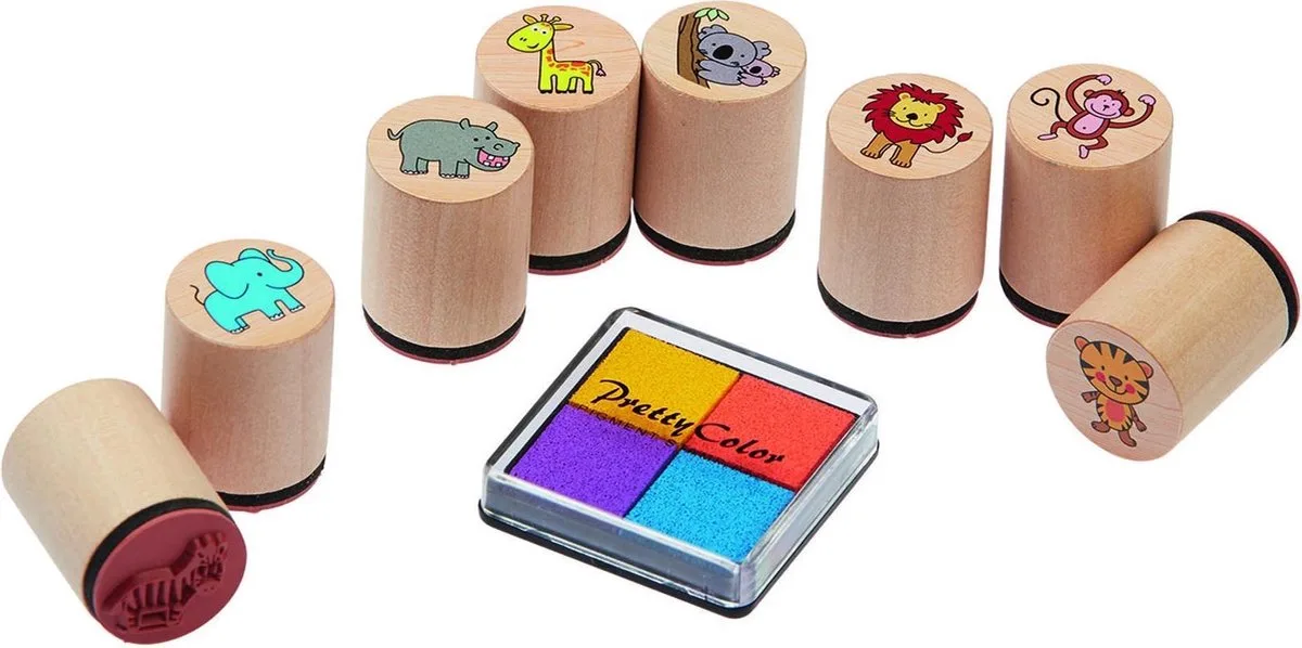 Houten stempelset 8-delig wilde dieren van Goki in Meerkleurig – productfoto