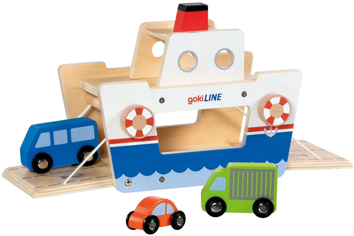Houten Veerboot met 3 Voertuigen von Goki in Mehrfarbig – Produktfoto