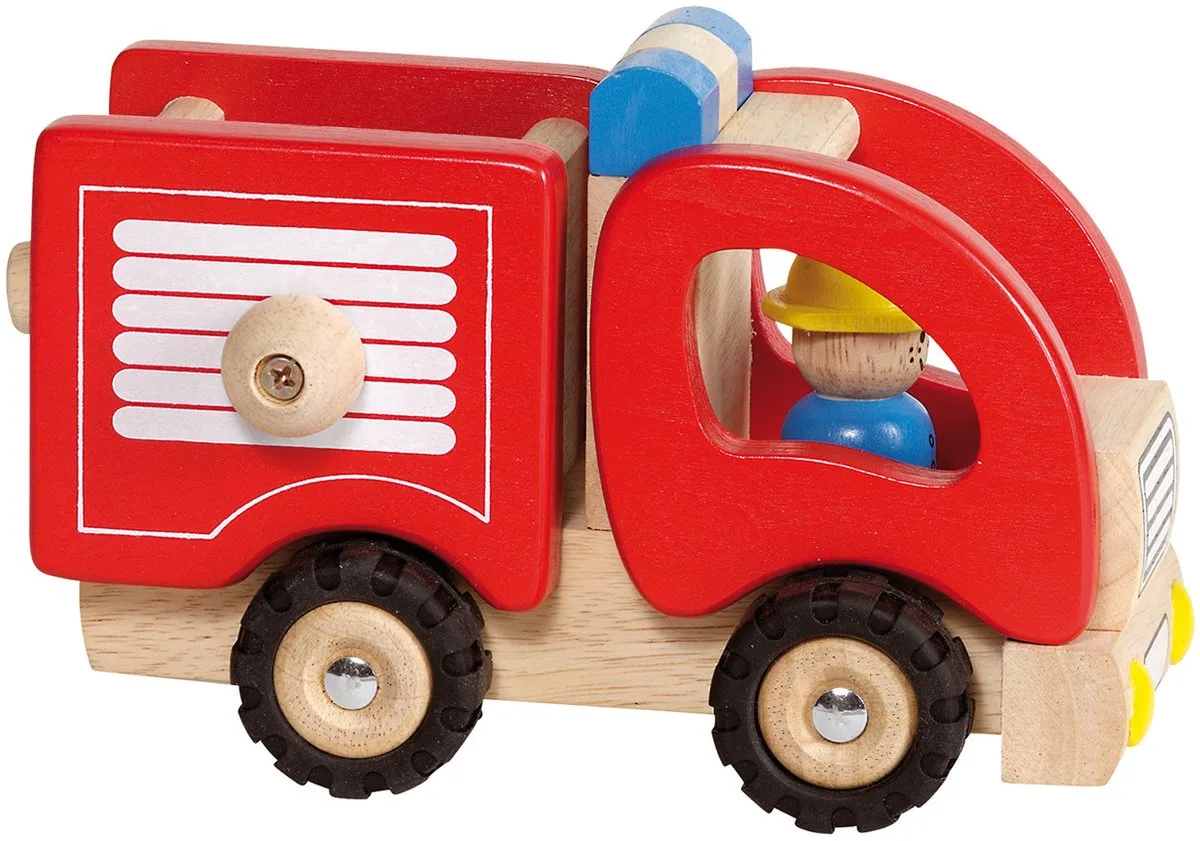 Houten voertuig - Brandweerwagen - 16,7X9X10,5Cm - Met Rubberen Banden - 2 Jaar från Goki i Röd – produktbild