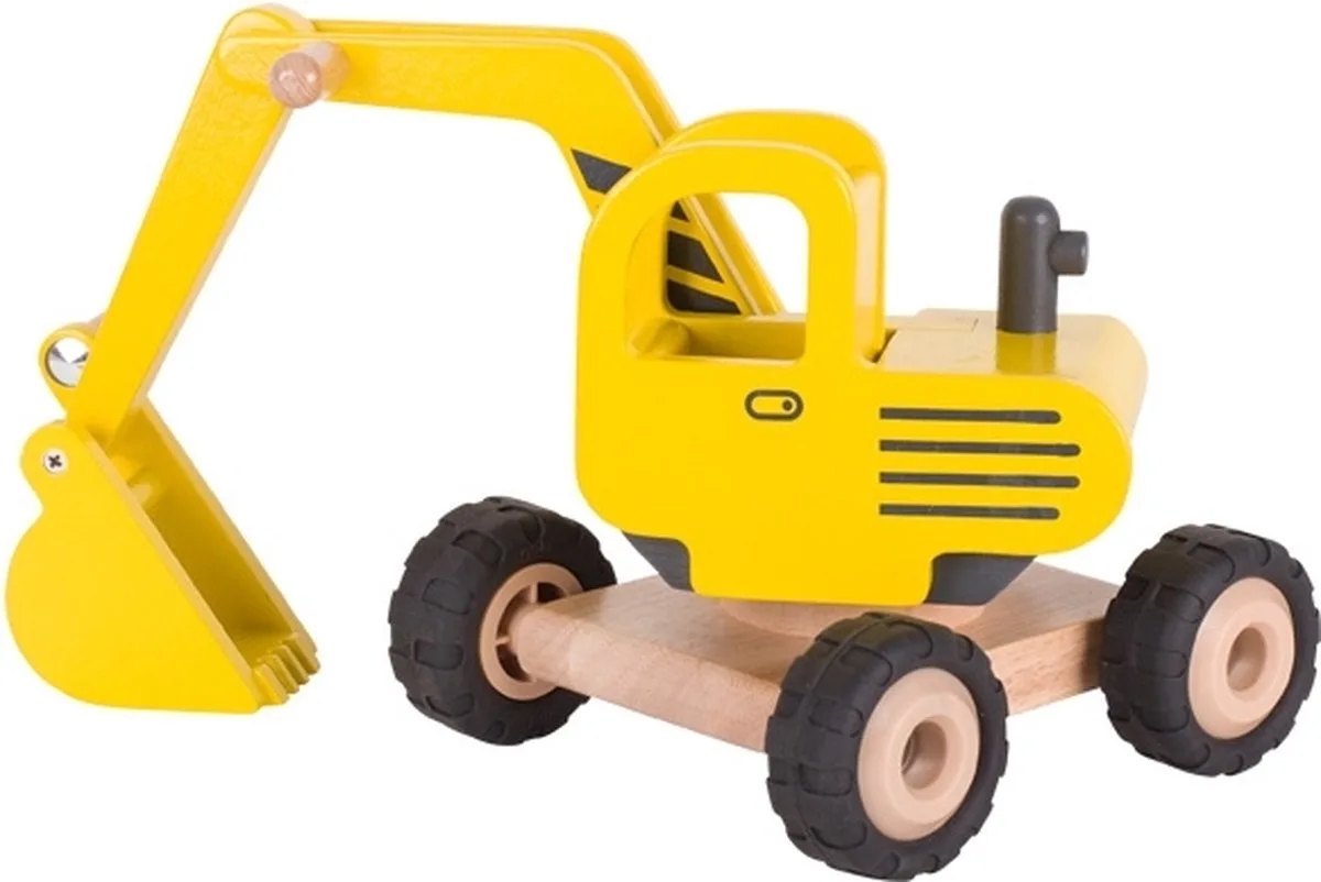 Houten voertuig - Graafmachine - 20X17X25Cm - Rubberen Banden - 3 Jaar van Goki in Geel – productfoto