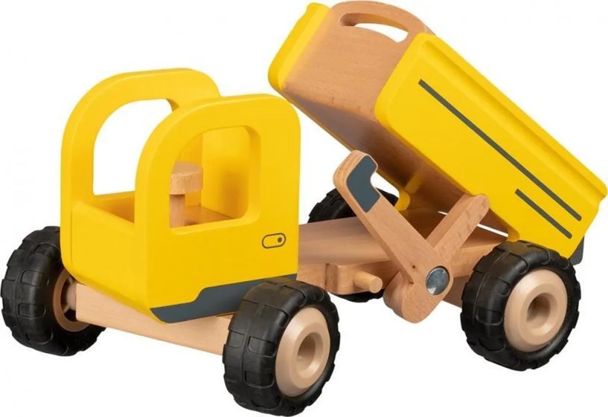 Houten voertuig: KIEPWAGEN 25x17x14,5cm, met rubberen banden, 3+ fra Goki i Beige, Sort, Gul – produktbillede