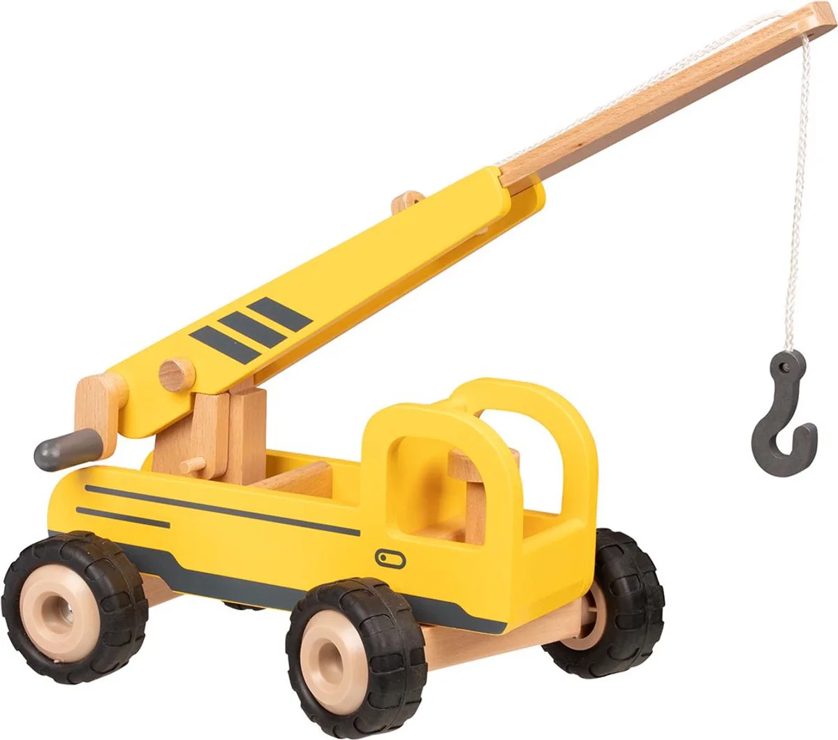 Houten voertuig: MOBIELE KRAAN 28x16,7x15,6cm, met rubberen banden, 3+ de Goki en Multicolore – photo du produit