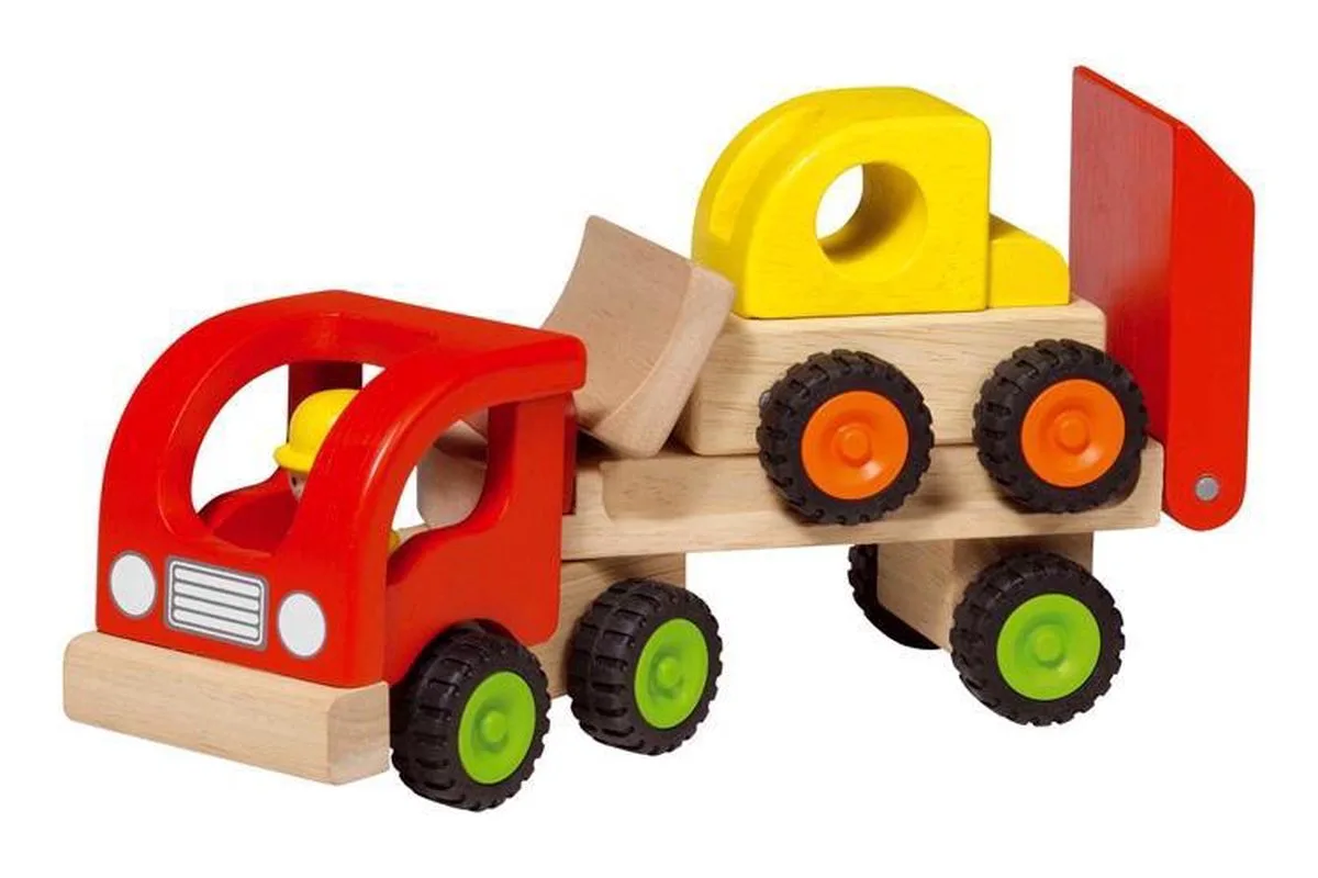 Houten voertuig: OPLEGGER met BULLDOZER 34x8,5x12,5cm, met rubberen banden, 2+ van Goki in Zwart, Rood, Hout, Geel – productfoto