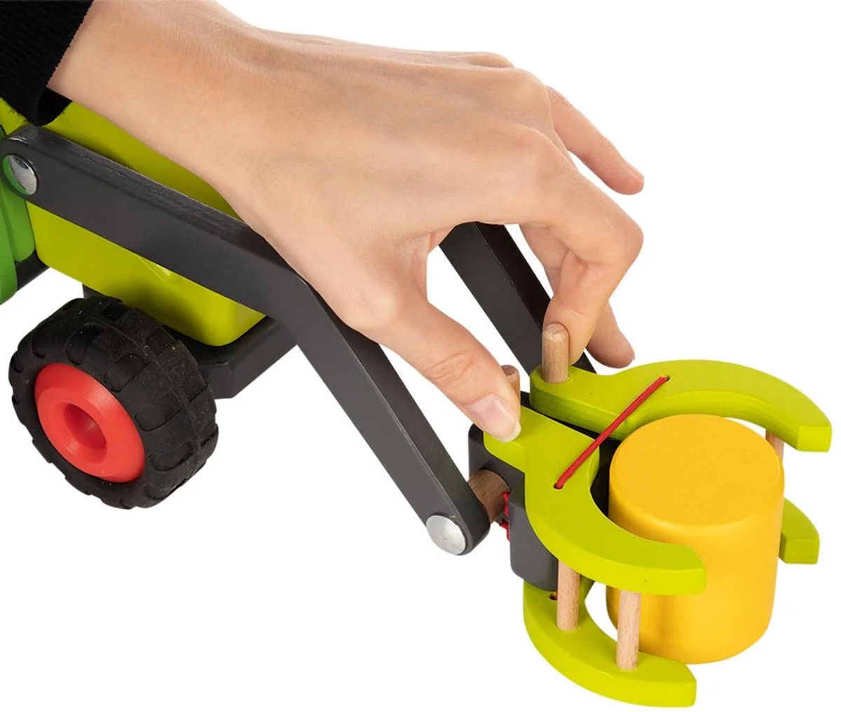 Houten voertuig: TRACTOR met HOOIWAGEN 55,4x16,3x15,2cm, 7-delig, met 5 hooibalen, met rubberen banden, 3+ de Goki en Multicolore – photo du produit
