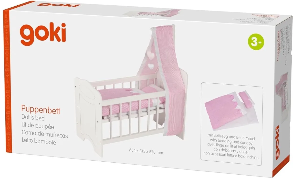 Poppenbed - Poppenwieg - Met Beddegoed En Baldakijn - 63,4X31,5X67 Cm - 3 Jaar van Goki in Blanc et rose – productfoto