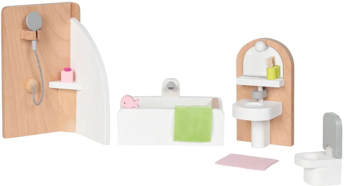 Poppenhuismeubeltjes: DESIGN BADKAMER, 10-delig, 11,2x6,2x6cm (bad), beukenhout en stof, 3+ van Goki in Meerkleurig – productfoto