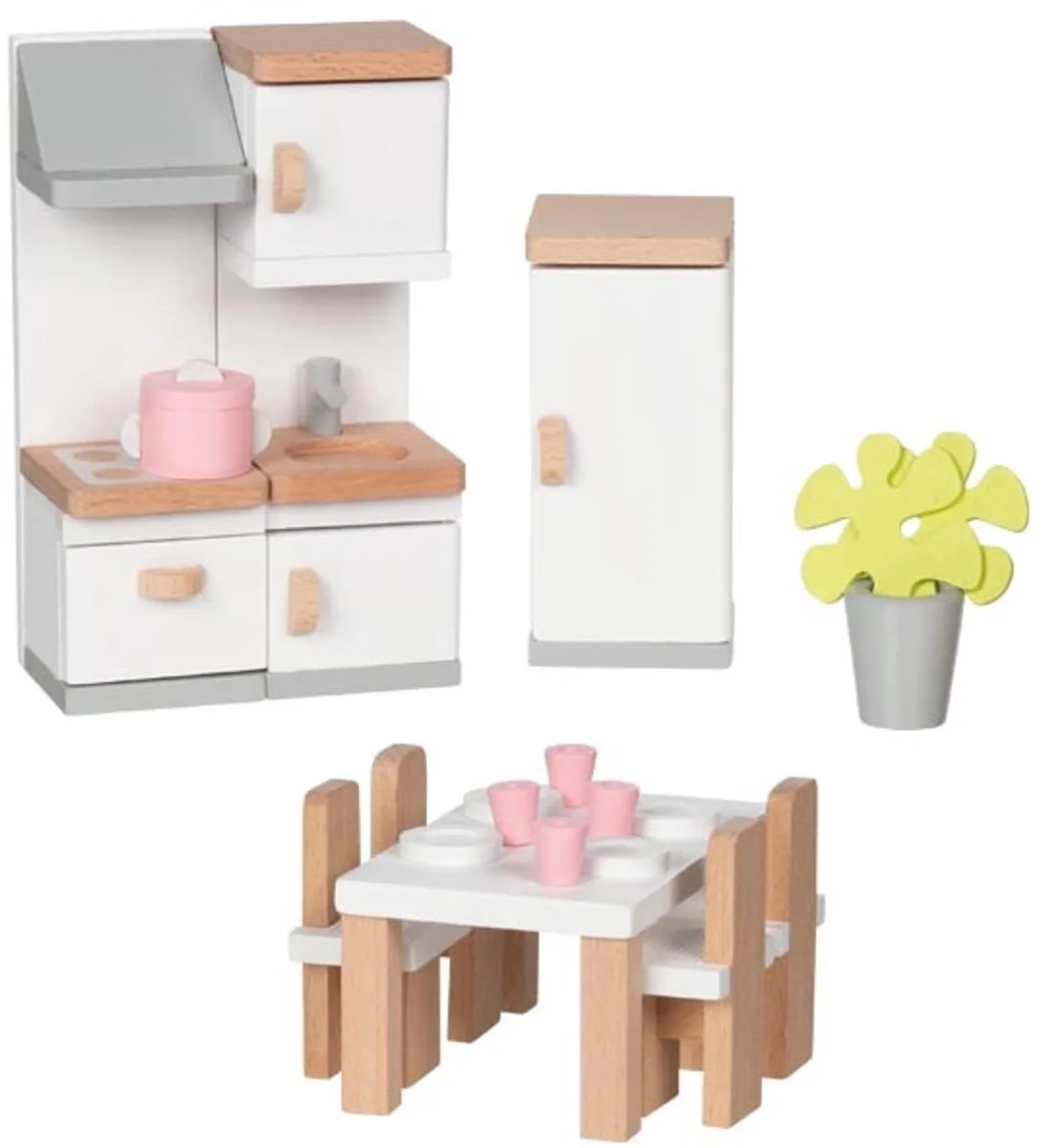 Poppenhuismeubeltjes: DESIGN KEUKEN, 20-delig, 10x6,5x5cm (tafel), beukenhout en stof, 3+ från Goki i Flerfärgad – produktbild