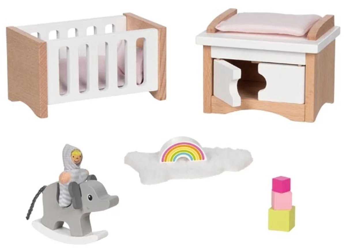 Poppenhuismeubeltjes: DESIGN KINDERKAMER, 12-delig, 10,2x6x5,5cm (bed), beukenhout en stof, 3+ van Goki in Meerkleurig – productfoto