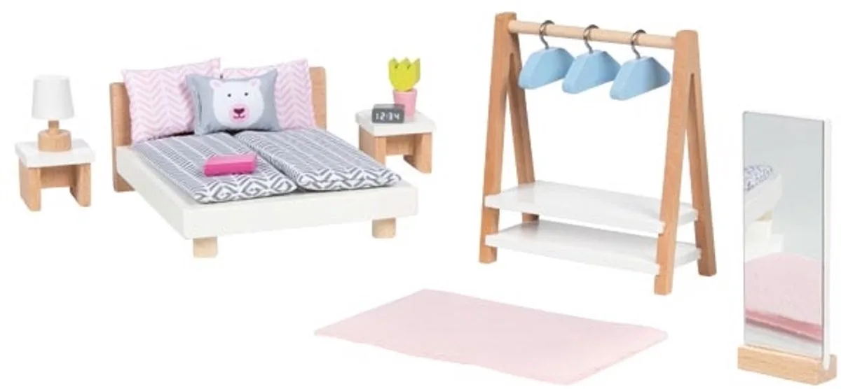 Poppenhuismeubeltjes: DESIGN SLAAPKAMER, 18-delig, bed 12,7cm, beukenhout en stof, 3+ van Goki in Meerkleurig – productfoto