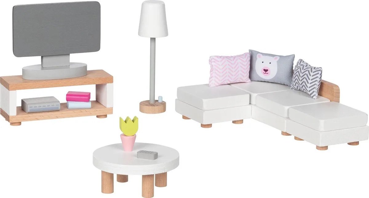 Poppenhuismeubeltjes: DESIGN WOONKAMER, 15-delig, 9,5x3x4cm (televisiekast), beukenhout en stof, 3+ van Goki in Meerkleurig – productfoto