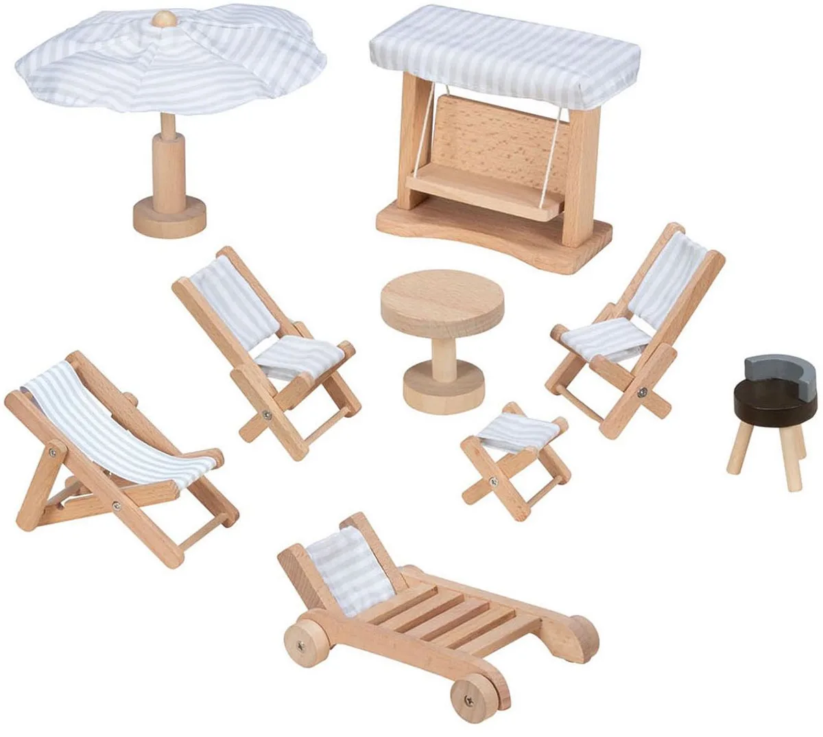 Poppenhuismeubeltjes: TUINMEUBELEN, 9-delig, schommel H10,5cm, hout en tekstiel, 3+ van Goki in Meerkleurig – productfoto