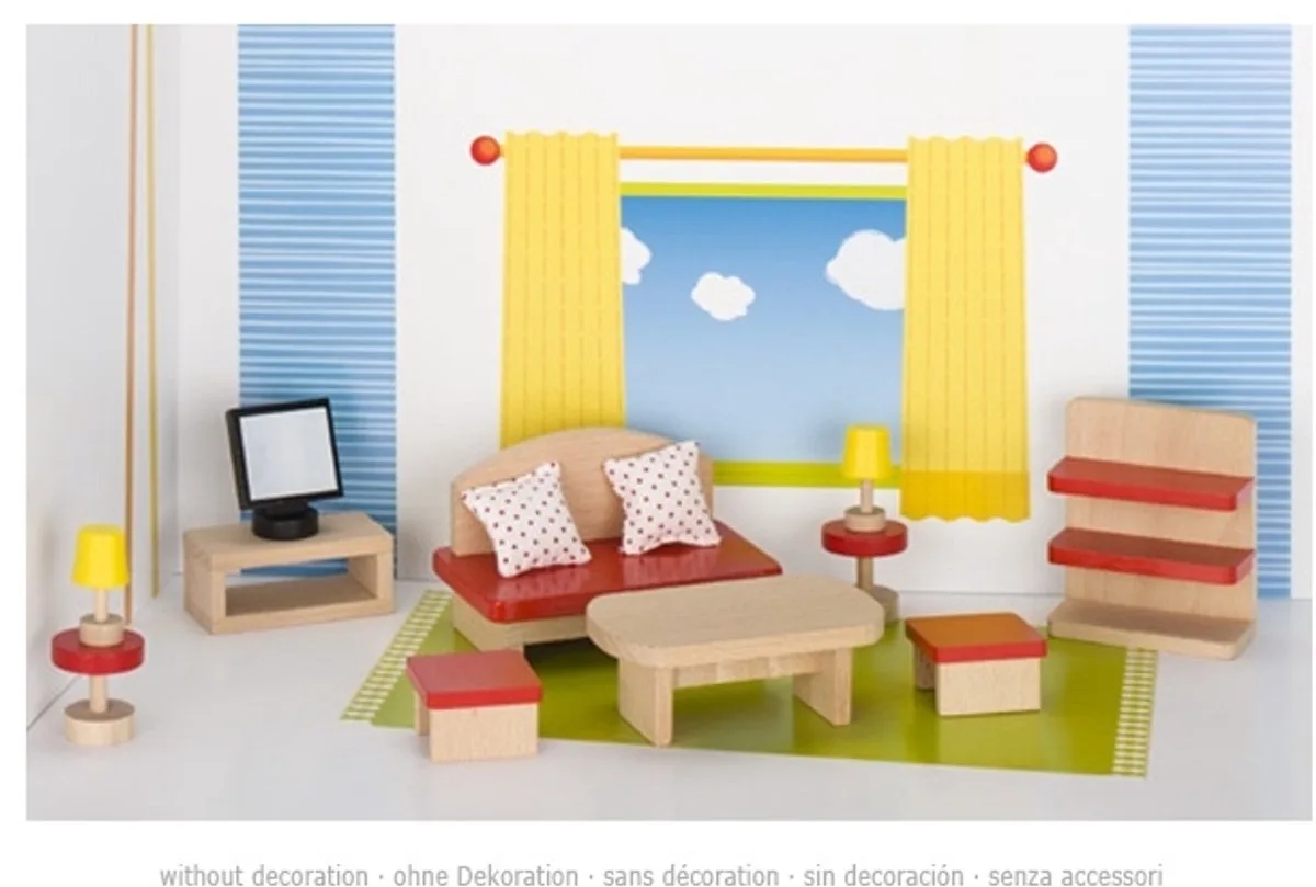 Poppenhuismeubeltjes: WOONKAMER, wandrek H8cm, 13-delig von Goki in Rot – Produktfoto