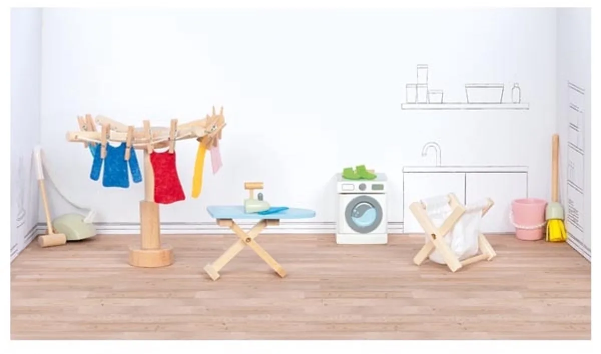 Poppenhuistoebehoren: WASHOKSACCESSOIRES, 19-delig, wasmachine 4x4,5x5cm, hout en tekstiel, 3+ van Goki in Meerkleurig – productfoto